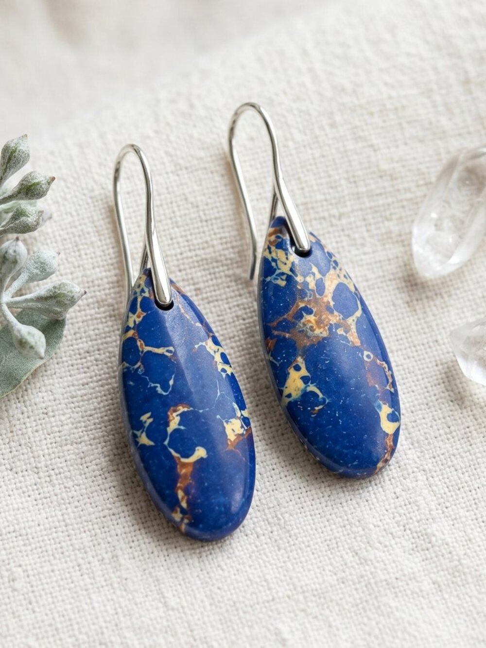 Silver Plated Blue Imperial Jasper Gold Matrix Boho Witchy Drop Earrings 2in